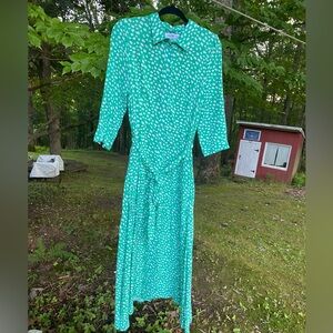 Vintage Green With White Button Up Dress Size UK 12 3/4 length sleeves